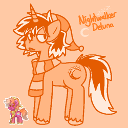 Size: 480x480 | Tagged: safe, artist:blex, derpibooru import, oc, oc only, oc:nightwalker deluna, pony, unicorn, bags under eyes, clothes, colored, dyed mane, dyed tail, full body, hat, lidded eyes, monochrome, nightcap, orange background, pony town, quadrupedal, scarf, simple background, solo, standing, striped scarf, tail, unshorn fetlocks