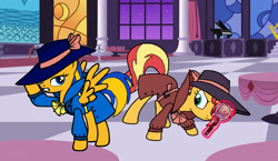 Size: 1726x1000 | Tagged: safe, artist:mlpfan3991, derpibooru import, sunset shimmer, oc, oc:flare spark, pegasus, pony, unicorn, canterlot, clothes, detective, fedora, female, hat, magnifying glass, mare, trenchcoat