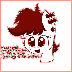 Size: 2048x2048 | Tagged: safe, oc, oc:molly tov, earth pony, antifa, aria property cinematic universe, caption, cute, eyelashes, female, freckles, implied death, open mouth, open smile, piercing, red eyes, red mane, smiling