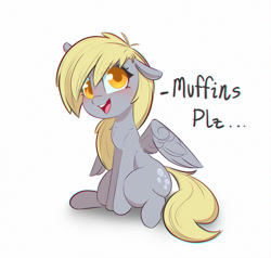 Size: 1000x952 | Tagged: safe, artist:inkypuso, derpibooru import, derpy hooves, pegasus, pony, blushing, chest fluff, colored pupils, cute, derpabetes, ears, female, floppy ears, looking at you, mare, muffin, open mouth, open smile, simple background, sitting, smiling, smiling at you, solo, talking to viewer, that pony sure does love muffins, white background