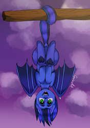 Size: 1438x2039 | Tagged: safe, artist:cozziesart, derpibooru import, oc, oc only, oc:guard cobalt flash, bat pony, bat pony oc, hanging, hanging upside down, male, smiling, solo, stallion, tree branch, upside down