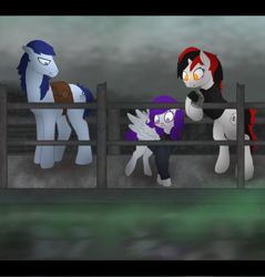 Size: 954x1000 | Tagged: safe, artist:opal2023, derpibooru import, oc, oc only, oc:blackjack, oc:morning glory (project horizons), oc:p-21, earth pony, pegasus, pony, unicorn, fallout equestria, fallout equestria: project horizons, dashite, fanfic art, horn, small horn