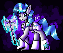 Size: 2129x1800 | Tagged: safe, artist:a.lt opal, derpibooru import, oc, oc:tango starfall, pony, unicorn, armor, axe, battle axe, blue eyes, blue mane, blue tail, female, gray coat, laser axe, mare, science fiction, smiling, solo, tail, weapon