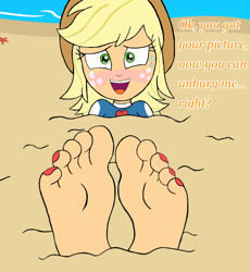 Size: 858x931 | Tagged: safe, artist:zeekthatgeek, derpibooru import, applejack, equestria girls, applejack's hat, barefoot, buried, clothes, cowboy hat, feet, fetish, foot fetish, foot focus, hat, nail polish, soles, toenail polish, toenails, toes