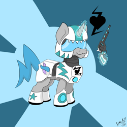 Size: 2000x2000 | Tagged: safe, artist:z-master47, derpibooru import, oc, oc:tango starfall, unicorn, armor, blue tail, cute, female, gray coat, gun, handgun, laser gun, mare, pistol, science fiction, smiling, solo, tail, weapon