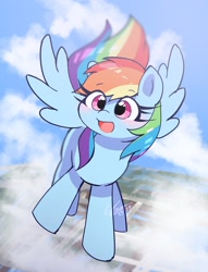 Size: 1726x2264 | Tagged: safe, artist:leo19969525, derpibooru import, rainbow dash, pegasus, pony, cute, dashabetes, female, flying, mare, open mouth, signature, solo, spread wings, wings