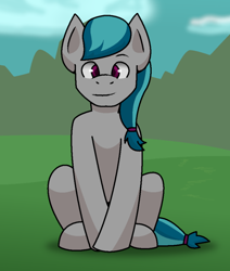 Size: 800x943 | Tagged: safe, artist:brushwork, derpibooru import, oc, oc only, oc:precious gemstones, earth pony, blue hair, grass, grey fur, hair tie, hairband, mountain, mountain range, multicolored hair, purple eyes, sitting, smiling