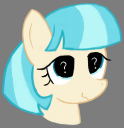 Size: 419x431 | Tagged: safe, artist:castafae, derpibooru import, coco pommel, earth pony, pony, bust, female, gray background, missing accessory, simple background, solo, wingding eyes