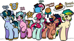 Size: 3232x1789 | Tagged: safe, artist:sexygoatgod, derpibooru import, oc, oc only, oc:liqourice sweet, oc:minty pop, oc:pineapple turnover, oc:shining strings, oc:viola shine, earth pony, hybrid, pegabat, pegasus, pony, unicorn, female, group, magical lesbian spawn, male, offspring, parent:bon bon, parent:lyra heartstrings, parent:oc:razzmatazz gleam, parents:canon x oc, parents:lyrabon, simple background, transparent background