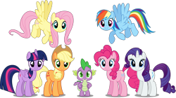 Size: 5367x3000 | Tagged: safe, artist:dashiesparkle, derpibooru import, edit, applejack, fluttershy, pinkie pie, rainbow dash, rarity, spike, twilight sparkle, twilight sparkle (alicorn), alicorn, dragon, earth pony, pegasus, pony, unicorn, absurd resolution, cowboy hat, eyebrows, eyeshadow, female, flying, folded wings, group, hat, looking at you, makeup, male, mane seven, mane six, mare, septet, shadow, simple background, smiling, smiling at you, spread wings, transparent background, vector, vector edit, wings