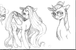 Size: 1272x842 | Tagged: safe, artist:tendocake, derpibooru import, fluttershy, moondancer, pegasus, pony, unicorn, digital art, full body, horn, long hair, looking at you, monochrome, sketch