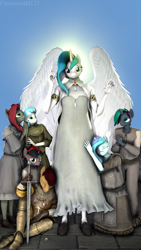 Size: 2160x3840 | Tagged: safe, artist:fireemerald123, derpibooru import, coco pommel, princess celestia, oc, oc:crimson feather, oc:holly berry, alicorn, anthro, unicorn, 3d, armor, clothes, day, dress, nimbus, praying, realistic wings, robes, source filmmaker, sword, sæla, tree of harmony, watermark, weapon, wings