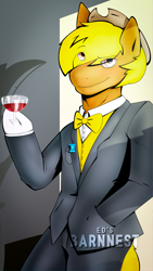 Size: 2160x3840 | Tagged: safe, artist:barnnest, derpibooru import, oc, oc:acres, earth pony, pony, semi-anthro, background, boots, brown coat, clothes, cowboy boots, cup of wine, ribbon bow tie, shoes, solo, suit, white hooves, yellow mane