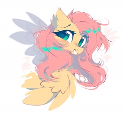 Size: 1946x1804 | Tagged: safe, artist:mirtash, derpibooru import, fluttershy, pegasus, pony, bust, cute, female, grin, looking at you, shyabetes, simple background, smiling, solo, spread wings, white background, wings