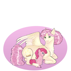 Size: 2000x2000 | Tagged: safe, artist:rainydayjitters, derpibooru import, pinkie pie, oc, earth pony, pegasus, pony, blank flank, cheek fluff, chest fluff, female, filly, filly pinkie pie, foal, grandmother and grandchild, grandmother and granddaughter, granny pie, high res, looking at each other, looking at someone, mare, simple background, transparent background, wing shelter, wings, younger