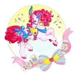 Size: 2550x2550 | Tagged: safe, artist:birman_ink, derpibooru import, pinkie pie, earth pony, pony, female, halter, hooves, mare, ribbon, saddle, simple background, solo, tack, traditional art, vintage, watercolor painting, white background