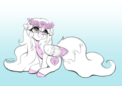 Size: 1748x1240 | Tagged: safe, artist:nuumia, derpibooru import, oc, oc only, oc:dyn, pegasus, pony, :3, blaze (coat marking), coat markings, colored belly, colored hooves, colored wings, cute, facial markings, floral head wreath, flower, fluffy, folded wings, gradient background, long mane, long tail, looking back, partial color, pegasus oc, pink mane, pretty, sitting, sketch, smiling, solo, tail, two toned wings, white coat, white mane, white tail, wings