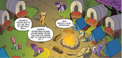 Size: 1712x810 | Tagged: safe, artist:tonyfleecs, derpibooru import, idw, applejack, calamity mane, earth pony, pony, spoiler:comic, spoiler:comicff33, braid, campfire, car, cherry blossoms, cherry tree, comic, cowboy hat, female, hat, mare, official comic, tent, tree, unnamed character, unnamed pony