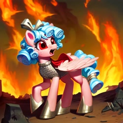 Size: 3072x3072 | Tagged: safe, ai content, derpibooru import, generator:purplesmart.ai, generator:stable diffusion, machine learning generated, cozy glow, pegasus, pony, armor, clothes, concave belly, fire, hell, open mouth, raised hoof, raised leg, solo