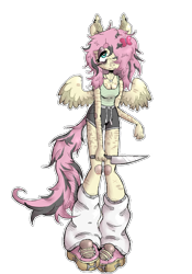 Size: 1823x2600 | Tagged: safe, artist:fairypills, derpibooru import, fluttershy, anthro, pegasus, g4, :3, aesthetics, bags under eyes, butterfly hairpin, clothes, ear piercing, emo, eyeshadow, female, hair over one eye, hairpin, jewelry, knife, makeup, necklace, piercing, scar, self harm, self harm scars, shirt, shoes, shorts, simple background, socks, solo, tanktop, torn ear, transparent background, unsafe