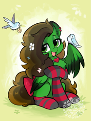 Size: 623x828 | Tagged: safe, artist:colorfulcolor233, derpibooru import, oc, oc only, bird, pegasus, pony, bow, clothes, colored wings, female, flower, flower in hair, looking at you, open mouth, open smile, smiling, socks, solo, striped socks, tail, tail bow, wings