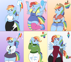 Size: 7551x6618 | Tagged: safe, artist:sparkfler85, derpibooru exclusive, derpibooru import, rainbow dash, anthro, pegasus, pony, newbie dash, season 6, alternate cutie mark, alternate hairstyle, applejack's hat, beautiful, behaving like pinkie pie, belly button, belt, boob window, book, bracelet, breasts, care mare, cleavage, clothes, cowboy hat, cute, cutie mark background, daring do book, dashstorm, denim, dress, dynamic dash, ear piercing, earring, excited, female, folded wings, food, forthright filly, front knot midriff, gloves, gradient background, hairpin, hand on head, hand on hip, hat, holding, holding a book, jeans, jewelry, jumping, leggings, lipstick, long gloves, makeup, manebow sparkle, midriff, multeity, necklace, necktie, open clothes, open shirt, overalls, pants, piercing, plaid shirt, ponytail, pose, rainbow dash always dresses in style, rainbow fash, reading rainboom, ripped jeans, ripped pants, sexy, shirt, shoes, shorts, side slit, skirt, smiling, spread wings, stockings, sweater, thigh highs, torn clothes, wheat, wings
