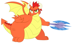 Size: 1280x775 | Tagged: safe, artist:aleximusprime, derpibooru import, oc, oc only, oc:billow the dragon, dragon, flurry heart's story, axe, chubby, dragon oc, dragoness, fat, female, fighting stance, non-pony oc, simple background, solo, spread wings, transparent background, weapon, wings