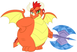 Size: 1280x866 | Tagged: safe, artist:aleximusprime, derpibooru import, oc, oc only, oc:billow the dragon, dragon, flurry heart's story, axe, bedroom eyes, dragon oc, dragoness, fat, female, hand on hip, looking at you, non-pony oc, simple background, smiling, solo, spread wings, sultry pose, transparent background, weapon, wings