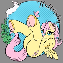 Size: 1500x1500 | Tagged: safe, artist:nostalgic_litmoon, derpibooru import, fluttershy, butterfly, pegasus, pony, rabbit, anatomically incorrect, animal, butt, commission, cute, dock, female, flower, flower in hair, flutterbutt, frog (hoof), hoofbutt, incorrect leg anatomy, looking at you, mare, shyabetes, smiling, smiling at you, solo, tail, underhoof