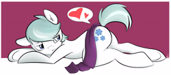 Size: 2838x1246 | Tagged: safe, artist:so-cashi, derpibooru import, double diamond, earth pony, pony, bedroom eyes, butt, clothes, heart, lip bite, looking back, lying down, male, plot, raised tail, scarf, solo, stallion, stupid sexy double diamond, tail