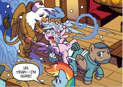 Size: 844x601 | Tagged: safe, artist:tonyfleecs, derpibooru import, idw, rainbow dash, griffon, pegasus, pony, spoiler:comic, spoiler:comicff36, bar, circling stars, clothes, dizzy, injured, jacket, mt. overhoot outpost, snow, tongue, tongue out, unnamed character, unnamed griffon, unnamed pony