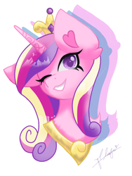 Size: 1080x1440 | Tagged: safe, artist:flower-black, derpibooru import, princess cadance, alicorn, pony, bust, cute, looking at you, one eye closed, signature, simple background, smiling, solo, white background, wink