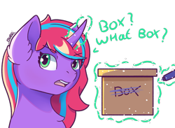 Size: 2307x1689 | Tagged: safe, artist:backgroundpony#f352, derpibooru import, oc, oc only, pony, unicorn, box, bust, cardboard box, eyes open, female, horn, magic, mare, marker, open mouth, signature, simple background, solo, teeth, telekinesis, text, transparent background