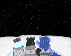 Size: 1020x813 | Tagged: safe, artist:castafae, derpibooru import, oc, oc:ambrosia, oc:misty moor, oc:snowdrift, earth pony, pony, facing away, female, sitting, snow, stargazing, stars, story included