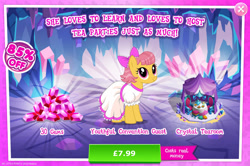 Size: 1961x1301 | Tagged: safe, derpibooru import, idw, marcie pan, earth pony, pony, advertisement, bow, chair, clothes, costs real money, dress, english, female, gameloft, gem, hair bow, idw showified, mare, mobile game, my little pony: magic princess, numbers, official, sale, solo, solo focus, table, text