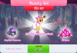 Size: 1263x857 | Tagged: safe, derpibooru import, idw, marcie pan, earth pony, pony, bow, bundle, chair, clothes, costs real money, dress, english, female, gameloft, gem, hair bow, idw showified, mare, mobile game, my little pony: magic princess, numbers, official, sale, solo, table, text