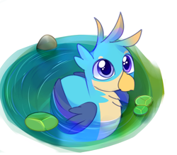 Size: 2127x1855 | Tagged: safe, artist:aureate serene, derpibooru import, gallus, griffon, behaving like a bird, behaving like a duck, deep water, floating, folded wings, lilypad, male, no source available, stone, whirlpool, wings, younger, younger gallus