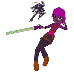 Size: 1502x1461 | Tagged: safe, artist:robertsonskywa1, derpibooru import, human, robot, equestria girls, clothes, crossover, cybertronian, equestria girls-ified, female, katana, nightbird, photo, simple background, solo, sword, transformers, transformers rise of the beasts, unmasked, weapon, white background