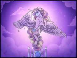 Size: 1032x774 | Tagged: safe, artist:binibean, derpibooru import, princess cadance, alicorn, pony, female, flying, looking at you, mare, smiling, smiling at you, solo, spread wings, wings