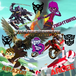 Size: 1500x1500 | Tagged: safe, artist:robertsonskywa1, derpibooru import, bird, robot, equestria girls 10th anniversary, equestria girls, airazor, animal, arcee, autobot, beast wars, clash of hasbro's titans, clothes, cloud, cybertronian, eqg promo pose set, equestria girls-ified, falcon, female, katana, manehattan, maximal, mountain, nightbird, peregrine falcon, photo, sky, sword, symbol, terrorcon, text, transformers, transformers rise of the beasts, trio, unmasked, volcano, weapon, wings