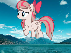 Size: 1280x960 | Tagged: safe, artist:pink1ejack, derpibooru import, edit, editor:jaredking779, angel wings, pegasus, pony, female, giant pony, giantess, highrise ponies, irl, macro, mare, mountain, mountain range, nature, photo, ponies in real life, smiling, solo, water