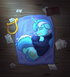 Size: 1306x1425 | Tagged: safe, artist:gosha305, derpibooru import, lyra heartstrings, pony, unicorn, fanfic:background pony, book, clothes, cold, dig the swell hoodie, ears, eyes closed, fanfic art, female, floppy ears, full body, gritted teeth, high angle, hoodie, hooves, lying down, lyre, mare, music, music notes, musical instrument, paper, sad, self-hugging, shivering, solo, teeth, wooden floor, writing