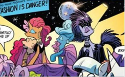 Size: 468x286 | Tagged: safe, artist:andypriceart, derpibooru import, idw, earth pony, pony, unicorn, spoiler:comic, spoiler:comic64, 80's fashion, 80s, 80s hair, big hair, clothes, comic, ear piercing, earring, everything old, fashion crisis, female, fishnets, jewelry, manehattan, mare, official comic, piercing, skirt, unnamed character, unnamed pony