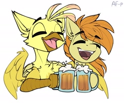 Size: 1920x1600 | Tagged: safe, artist:airfly-pony, derpibooru import, oc, oc:beamshot, oc:golden plume, griffon, alcohol, beer, male, simple background, white background