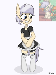Size: 1200x1600 | Tagged: safe, artist:barrelslover, derpibooru import, oc, oc:mantissa, earth pony, pony, bipedal, blushing, choker, clothes, dress, female, maid, pony town, shy, signature, simple background, socks, solo, stockings, thigh highs, white background