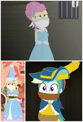 Size: 2927x4298 | Tagged: safe, artist:robukun, derpibooru import, applejack, fluttershy, rainbow dash, human, equestria girls, applejack also dresses in style, bondage, bound and gagged, captured, cinderella, cloth gag, clothes, damsel in distress, disney, dress, ear piercing, flower, flower in hair, froufrou glittery lacy outfit, gag, gloves, hat, help us, hennin, humanized, jewelry, kidnapped, long gloves, necklace, over the nose gag, piercing, pretty, princess, princess applejack, rainbond dash, rainbow dash always dresses in style, tied up