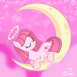 Size: 1280x1280 | Tagged: safe, artist:teahie821, derpibooru import, oc, oc only, oc:annisa trihapsari, angel, earth pony, pony, crescent moon, cute, eyes closed, lullaby, moon, night, ocbetes, pink background, signature, simple background, sky, sleeping, solo