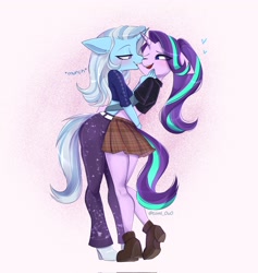 Size: 1942x2048 | Tagged: safe, artist:tomi_ouo, derpibooru import, starlight glimmer, trixie, anthro, plantigrade anthro, unicorn, biting, blushing, clothes, cute, diatrixes, duo, duo female, ears, eye clipping through hair, eyebrows, eyebrows visible through hair, female, floppy ears, glimmerbetes, hand on waist, heart, horn, horns are touching, hug, legs, lesbian, lidded eyes, midriff, miniskirt, nom, one eye closed, open mouth, open smile, pants, plaid skirt, shipping, shoes, short shirt, skirt, smiling, startrix