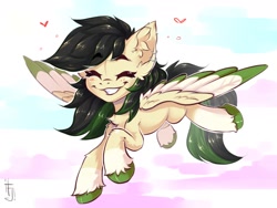 Size: 1600x1200 | Tagged: safe, artist:falafeljake, derpibooru import, oc, oc only, pegasus, pony, blushing, colored wings, colored wingtips, cute, ear fluff, ears, eyebrows, eyebrows visible through hair, eyes closed, female, flying, grin, mare, ocbetes, pegasus oc, signature, smiling, solo, spread wings, unshorn fetlocks, wings