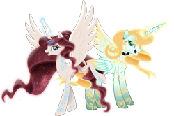 Size: 13616x9023 | Tagged: safe, artist:lincolnbrewsterfan, derpibooru import, oc, oc only, oc:iridia, oc:rosetta, alicorn, pony, my little pony: the movie, .svg available, alicorn oc, aura, blonde, blonde hair, blonde mane, blonde tail, blue eyes, bonnie zacherle, braid, choker, coat markings, colored wings, commissioner:dust rock, duet, duo, duo female, ear piercing, earring, ethereal hair, ethereal mane, ethereal tail, female, flourish, flourishes, folded wings, galaxy, galaxy mane, galaxy tail, gem, glowing, glowing mane, glowing tail, god empress of ponykind, gold, gradient wings, hair bun, heart, highlights, horn, horn ring, hourglass, inkscape, inspired by another artist, jewelry, lauren faust, long horn, long mane, long tail, looking at you, magic, magic aura, mane, mare, movie accurate, one wing out, peytral, piercing, ponified, prancing, rainbow, red mane, red tail, redesign, regal, regalia, reimagined, remastered, ring, sand, shading, simple background, smiling, smiling at you, species swap, spread wings, starry mane, starry tail, svg, swirls, swirly markings, tail, tail wrap, tall, touching wings, translucent mane, transparent background, vector, warhammer (game), warhammer 40k, waving, wings, yellow hair, yellow mane, yellow tail